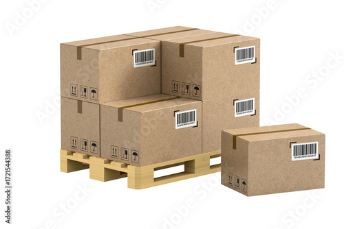 Wooden pallet with cardboard boxes on white background. Isolated 3D illustration
