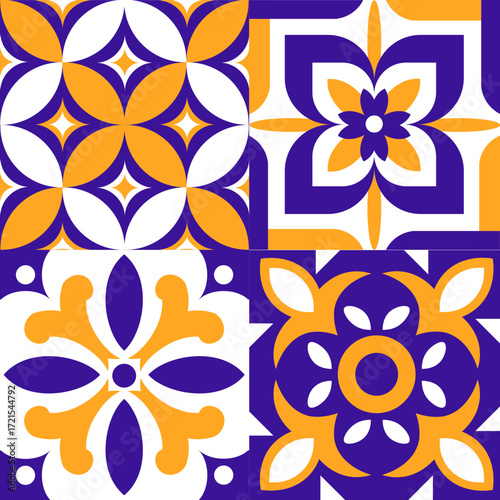 Geometric Floral Tile Pattern in Vibrant Orange White and Blue Colors.