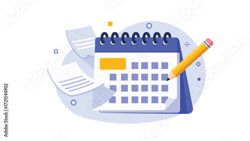 vector illustration of a Calendar icon with floating papers, Minimal blue color plate. 