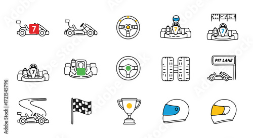 Go-kart race day journey icon set. A collection of colorful outline vector symbols for illustrating a competition timeline, from the starting grid to the winner's podium.