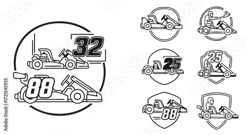 Go-kart tournament and matchup logo set. A collection of bold outline vector emblems for a racing league, championship event, or team versus team branding.