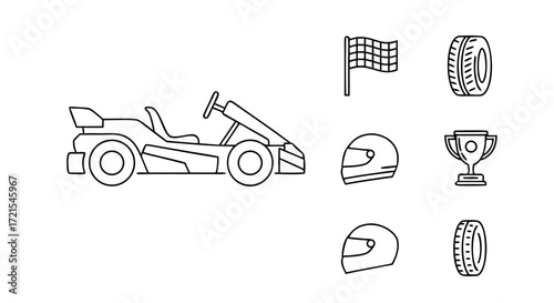 Go-kart vector illustration and icon pack. A monoline design kit with a main vehicle graphic and supporting symbols for a technical infographic or website hero section.