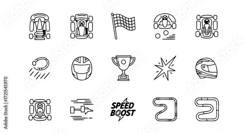 Stylized geometric racing icon set. A collection of modern decorative line art symbols with pattern fills for an abstract motorsport or futuristic arcade game theme.