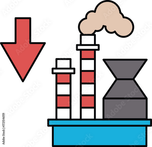 A black and white drawing of a factory with a large chimney and a downward arrow