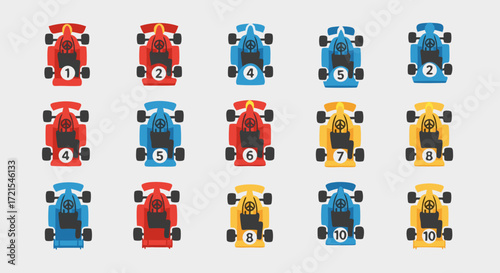 Top-down racing car sprite set for 2D games. A collection of colorful vector race cars from an overhead view, perfect for a classic arcade video game or mobile app.