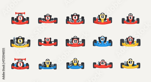 Go-kart racer avatar and selection icon set. A collection of colorful front-view vector characters for a game's player choice screen or team lineup display.