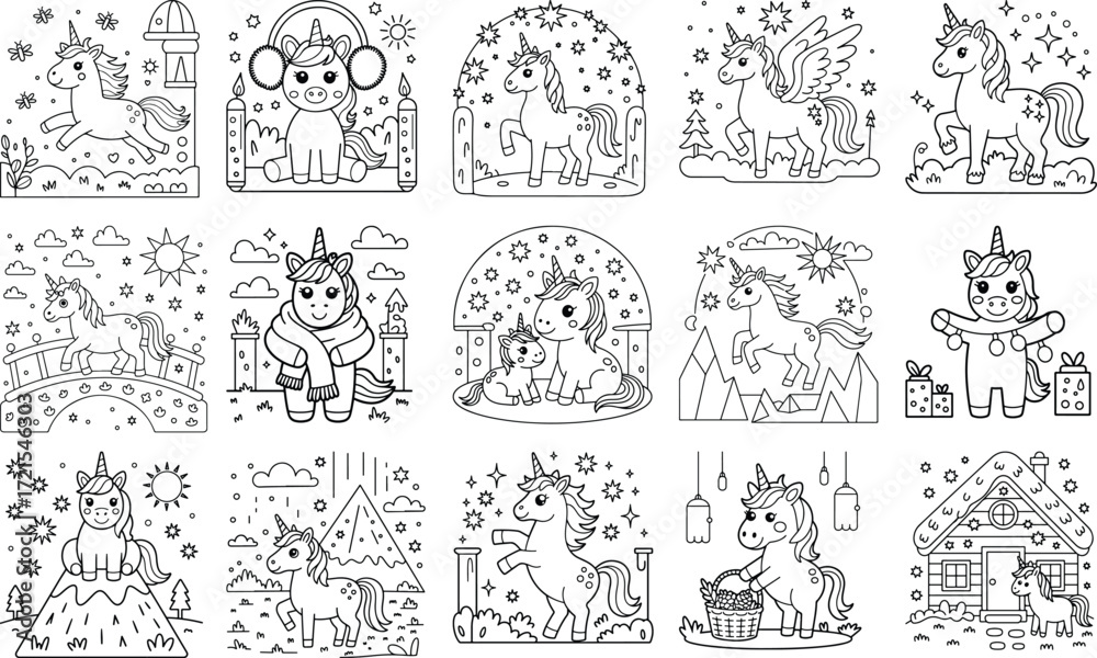 Naklejka premium Charming unicorns in diverse enchanting scenes perfect for kids coloring pages offering a whimsical and magical artistic experience isolated on white background