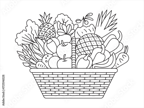 Fresh Fruit and Vegetable Basket Line Art, Organic Healthy Food, Vegan Concept
