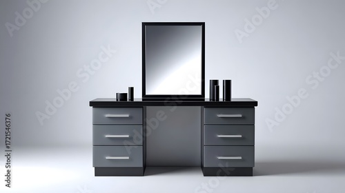 A sleek and contemporary black and gray bedroom vanity with a mirror, featuring clean lines, ample drawer storage, and a minimalist aesthetic.