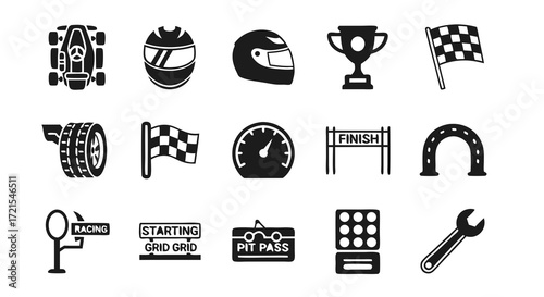 Auto racing and car service icon pack. A collection of monochrome vector pictograms for motorsport, including tire, wrench, speedometer, and winner's podium for garage or race day themes.