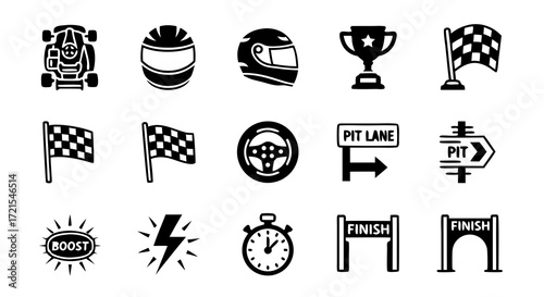 Motorsport and racing glyph icon set. A collection of black and white vector symbols for go-karting, including helmet, trophy, checkered flag, and finish line for web and mobile UI design.