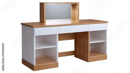 A modern, minimalist wooden desk with multiple drawers and open shelves, providing ample storage and display space for a clean and organized workspace.