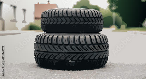Close-up of two new car tires stacked outdoors. Realistic photograph for the automotive industry, representing vehicle maintenance services, safety checks, or a repair shop.
