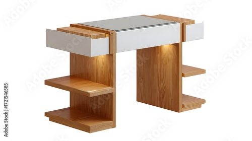 Sleek and stylish wooden desk with open shelving and discreet drawers, creating a functional and organized workspace.
