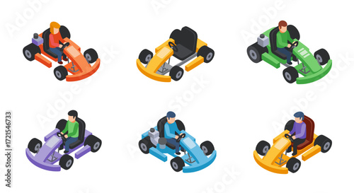 Isometric go-kart racers set. Vector collection of people driving colorful race carts. Characters in helmets for motorsport game design, team competition, or championship infographics.