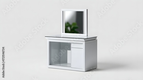 A sleek, minimalist storage and display unit with a white and gray color scheme, featuring shelves, a cabinet, and a mirror for a contemporary, organized home decor solution.