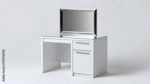 A compact, modern white desk with built-in drawers and a mounted mirror, providing a minimalist and functional workspace.