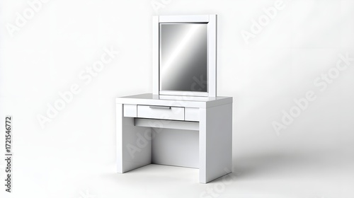 A simple, elegant white mirror and dresser table with drawers, showcasing a minimalist and contemporary bedroom design.