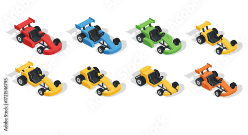 Isometric set of colorful go-kart racing cars. Vector illustration collection of 3D-style race karts for motorsport competition games or graphic design elements, isolated on a white background.