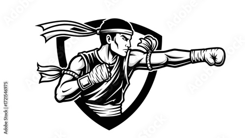 Powerful Muay Thai Fighter Mascot Illustration Esport Logo Emblem for a Combat Sports Team