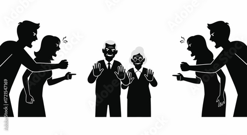 Elderly couple caught between angry shouting people, illustrating generational conflict or disagreement.