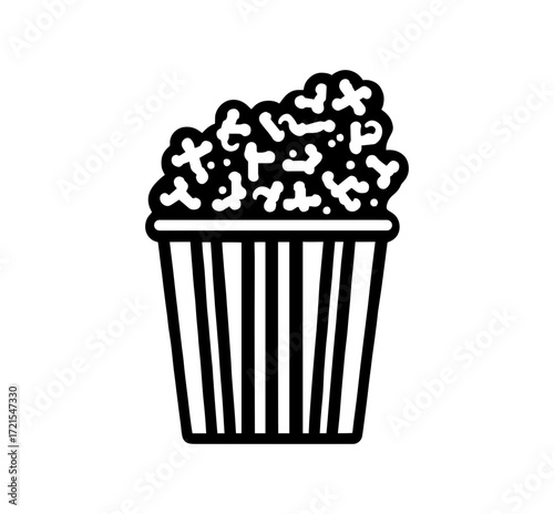 Simple black and white icon of a bucket overflowing with popcorn, perfect for movie night or snack-related designs.