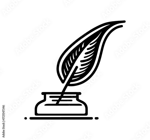 Classic quill pen dipping into an inkwell with a simple outline style suggesting writing and literature