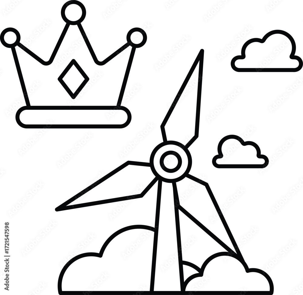 Fototapeta premium A black and white drawing of a wind turbine with a crown on top of it
