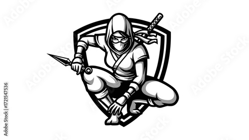 Mascot Illustration Esport Logo Emblem of a Ninja with Shuriken and Katana, Ready for Action