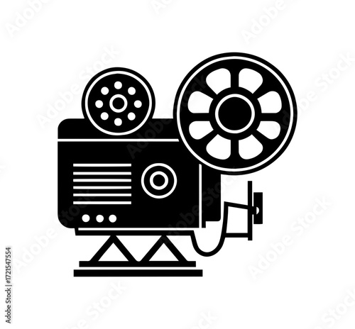 Classic black silhouette of a vintage film projector with two reels and a lens, representing cinema and entertainment history