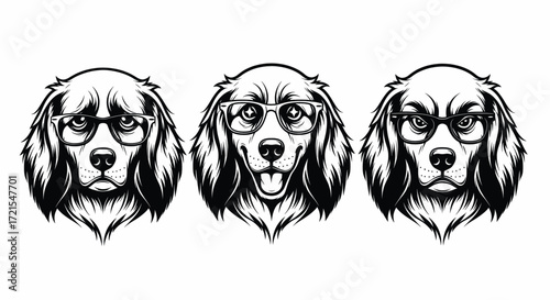 Three expressive dog portraits with glasses showing different emotions