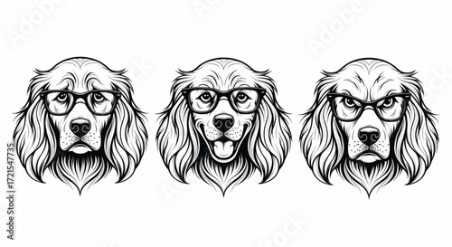 Three dogs wearing glasses express different emotions: sad, happy, and angry.