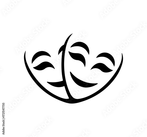 Stylized black comedy and tragedy masks with expressive eyes and smiles, representing theater and performance arts in a minimalist design