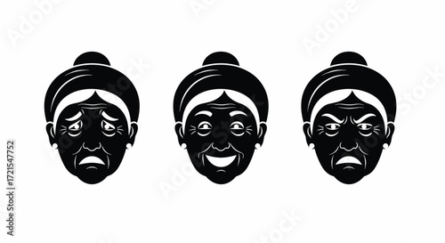 Three stylized female faces depicting expressions of sadness, joy, and anger