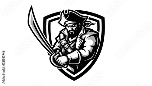 Mascot Illustration Esport Logo Emblem Of A Fierce Pirate Holding A Sword Ready For Battle