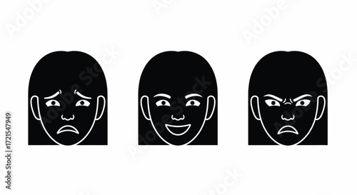 Faces showing different emotions: sadness, happiness, and anger, illustrating emotional range.