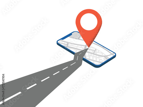 Red location mark in the end of an asphalt road on a map on phone screen. Flat vector illustration isolated on white background