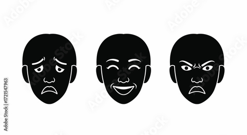 Three simplified human faces displaying different emotions: sadness, joy, and anger.