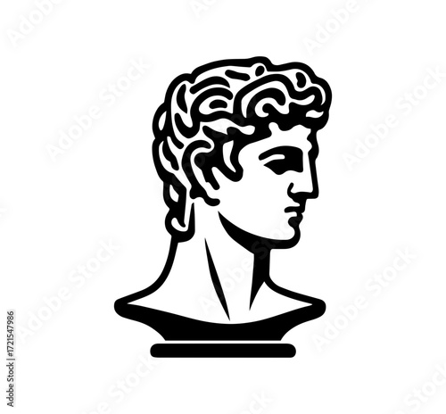 Classic sculpted bust of a man in profile with curly hair and a pedestal, rendered in a bold black and white graphic style