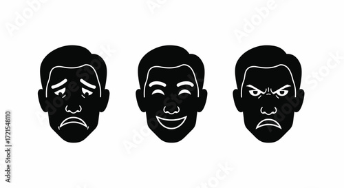 Three stylized faces showing a range of emotions from sadness to joy to anger.