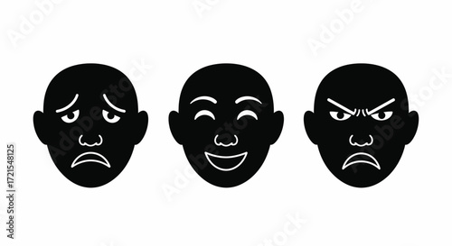 Diverse range of human emotions depicted by simple black face icons on white background
