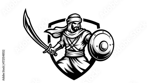 Mascot Illustration Esport Logo Emblem of an Arabian Warrior with Sword and Shield