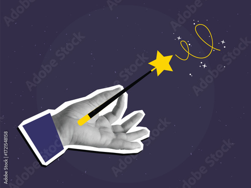 Black and white hand holding a magic wand with star. Modern collage style. Vector illustration