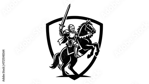Dynamic Knight on Rearing Horse Mascot Illustration, a powerful Esport Logo Emblem. This striking graphic is ideal for gaming teams and athletic branding, representing strength and victory