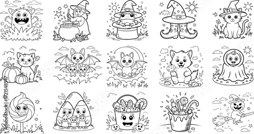 Adorable halloween coloring pages featuring cute monsters playful bats and whimsical witches perfect for kids creative fun isolated on white background