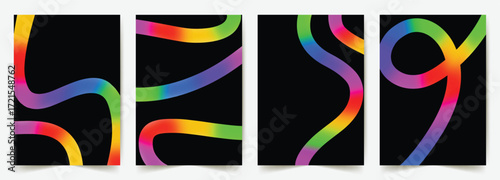 Abstract black backgrounds with gradient color lines. Rainbow colored dynamic wave shapes and circular fluid graphic elements. Minimalist cover layout. Colorful posters with 3D wavy and spiral ribbons