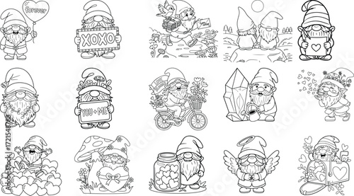 Charming gnomes celebrating love and valentine s day with heart and floral elements perfect for coloring pages isolated on white background
