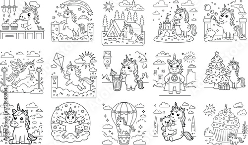 Whimsical unicorns and enchanting magical scenes for kids coloring pages featuring adorable creatures and fantasy elements isolated on white background