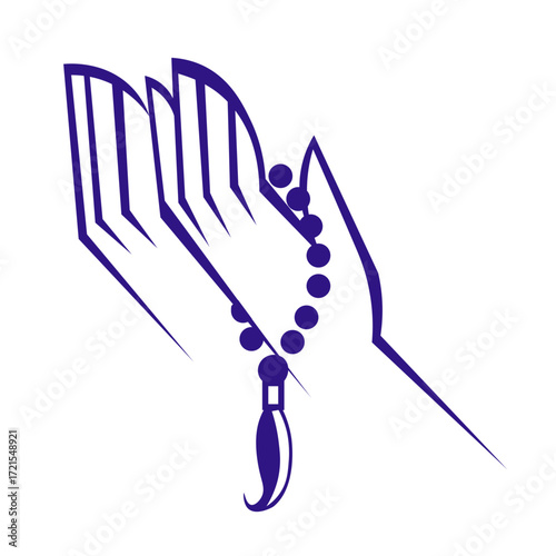 Stylized Hand Holding Prayer Beads and Book in Blue Outline.