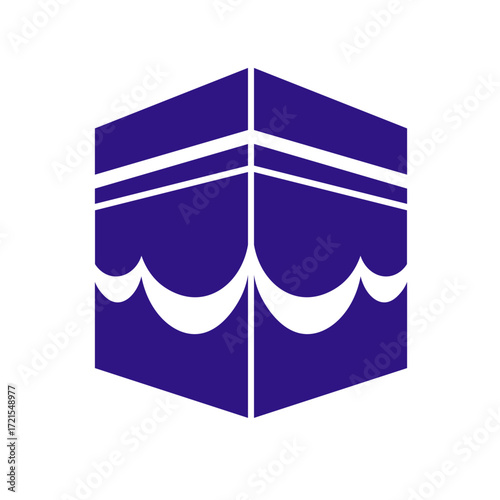 Stylized Kaaba Illustration with White Accents on Blue Background.